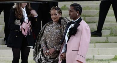Rihanna and A$AP Rocky in custom Maison Margiela and Chanel ensemble at the 2026 Met Gala in New York City